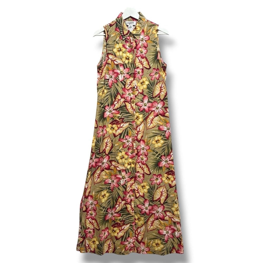 Easy Spirit Womens Button Front Silk Linen Maxi Dress Sz M Tropical Floral Print